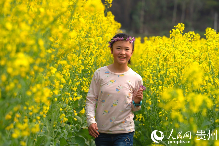 游客走在花田道里與油菜花親密接觸。人民網(wǎng) 陽茜攝