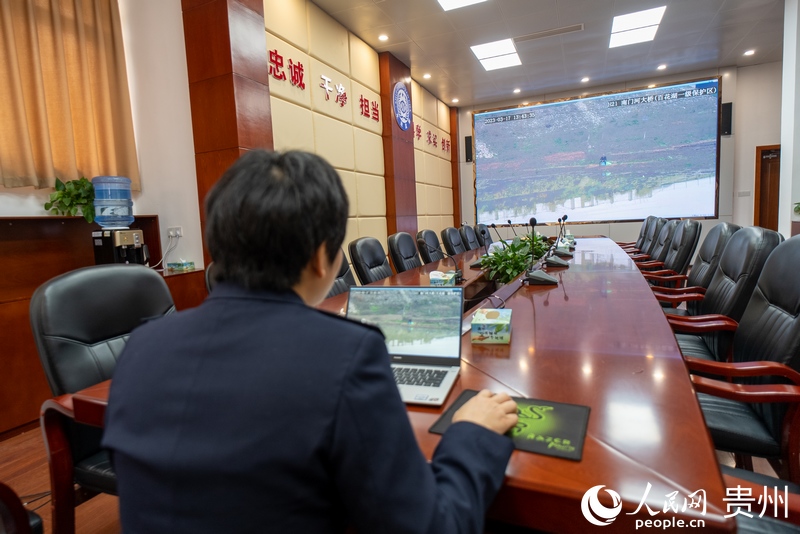 工作人員利用“兩湖一庫智慧管控平臺”遠程值班。人民網(wǎng) 涂敏 攝