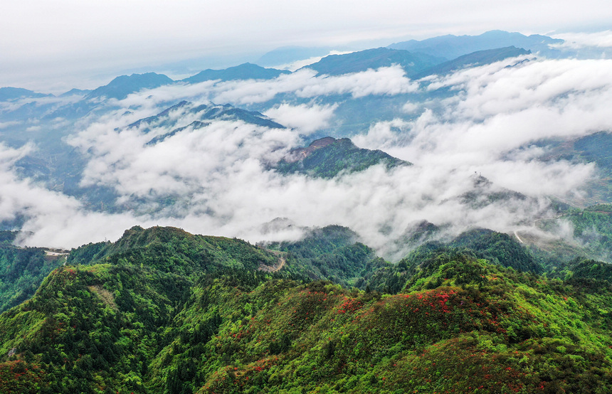雨后云霧中的丹寨縣龍泉山景色（無人機(jī)照片）。