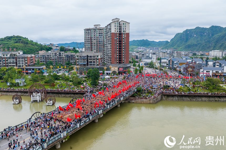 航拍施秉縣獨木龍舟巡游。人民網(wǎng)記者 涂敏攝