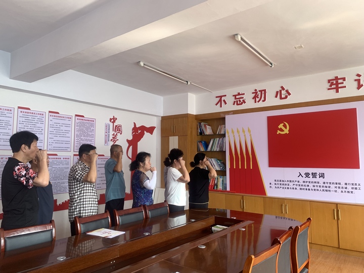 圖為退休黨員在黨旗下重溫入黨誓詞。