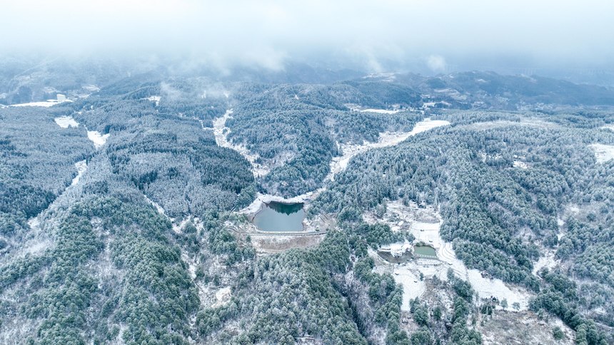 2024年1月27日拍攝的貴州省畢節(jié)市赫章縣平山國有林場雪景（無人機照片）。