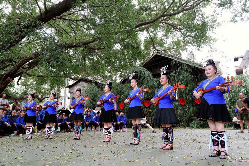 5、在貴州省黔東南苗族侗族自治州榕江縣忠誠鎮(zhèn)樂鄉(xiāng)村，侗族群眾在彈唱琵琶歌。李長華 攝