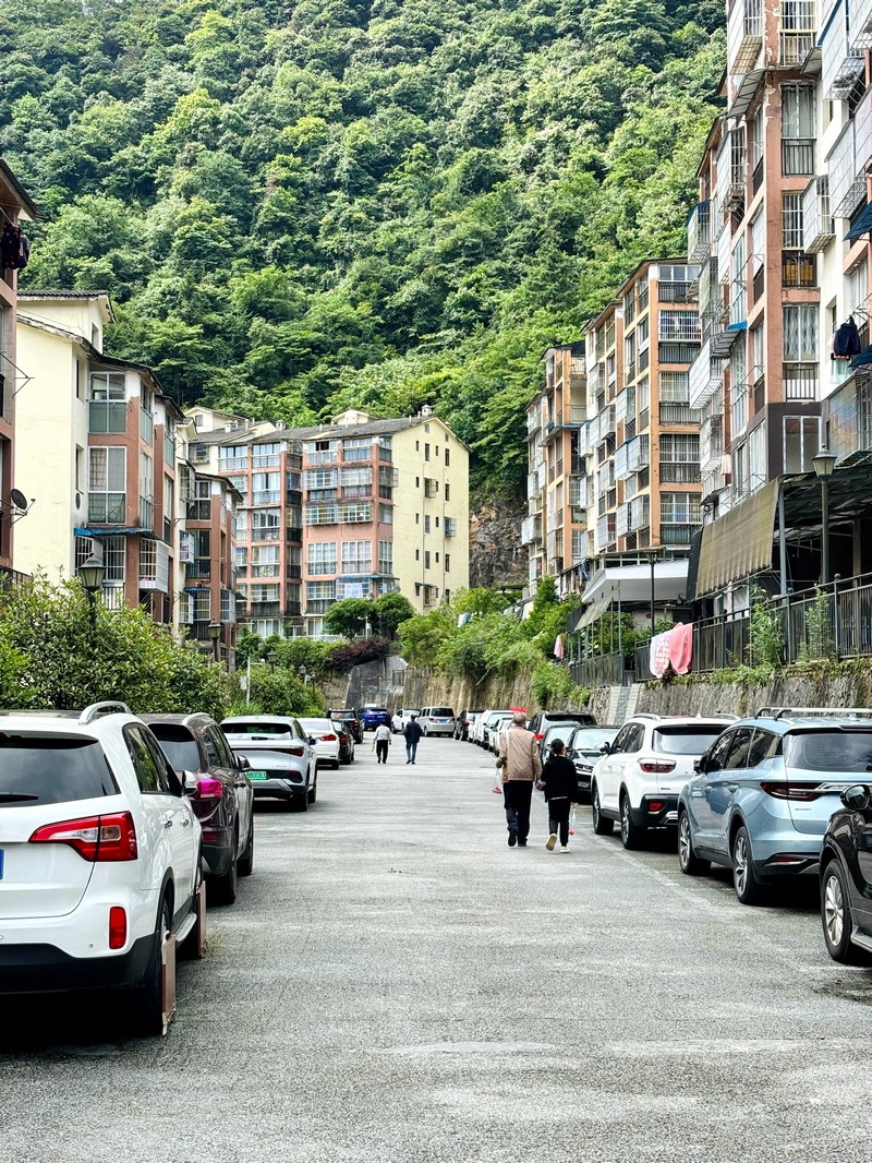 步入小區(qū)，步道兩側(cè)整齊地停滿了渝字開(kāi)頭的車(chē)輛。老人牽著孫輩散步。王燁攝