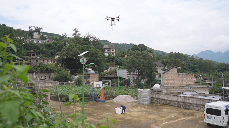 無人機(jī)在山間吊運(yùn)鎮(zhèn)寧蜂糖李。